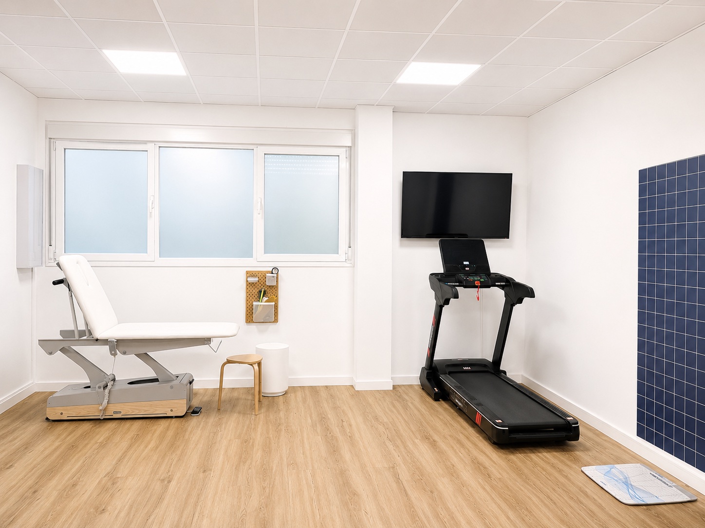 Sala actual de biomecánica de Podología Rivas, con cinta, camilla y plataforma de presiones